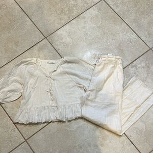 Zara Girls Cream Cotton Bow Detail Martching Top Pants Set 12 Lace Trim